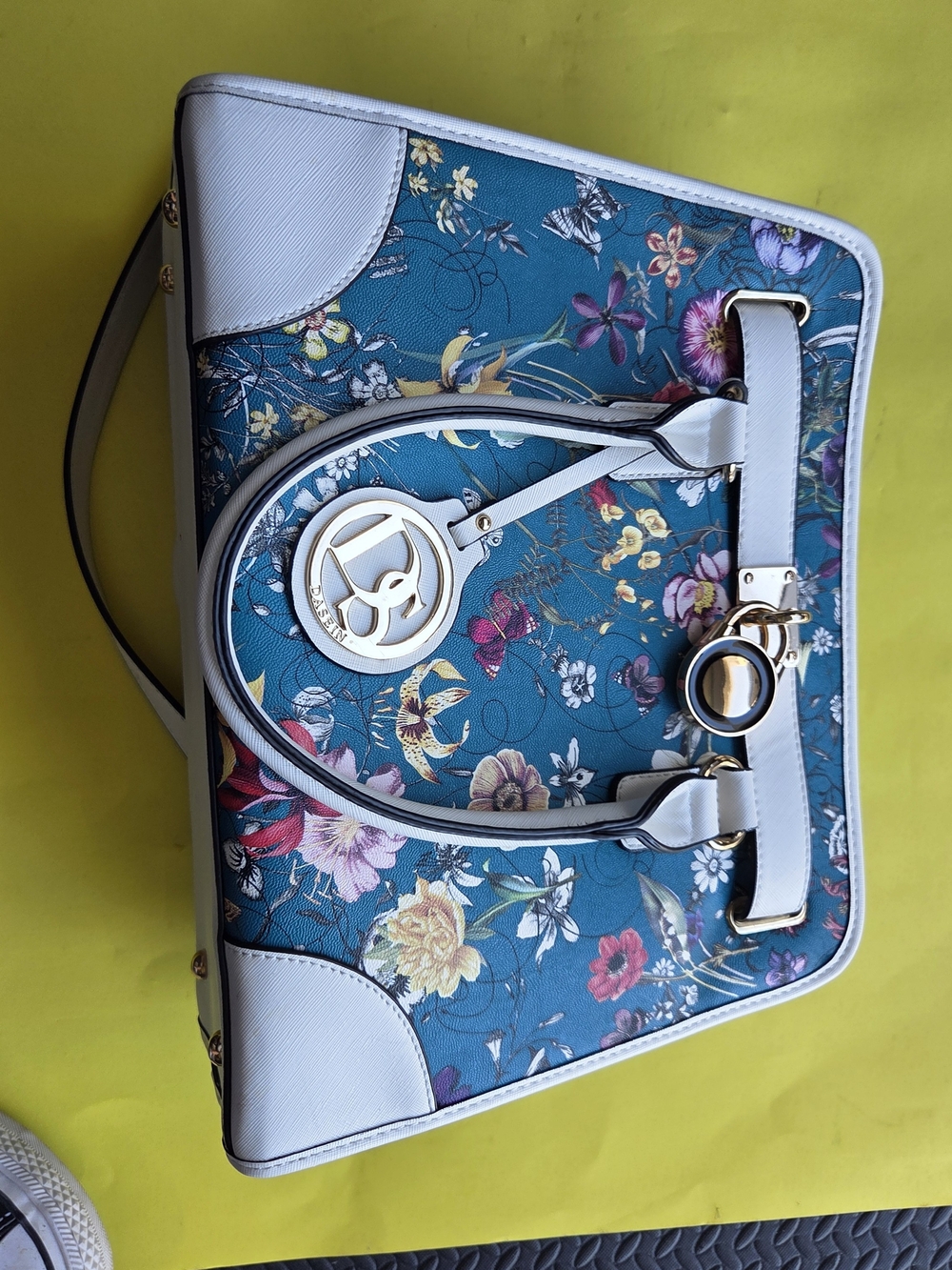 Floral Teal Tote Bag with White Trim